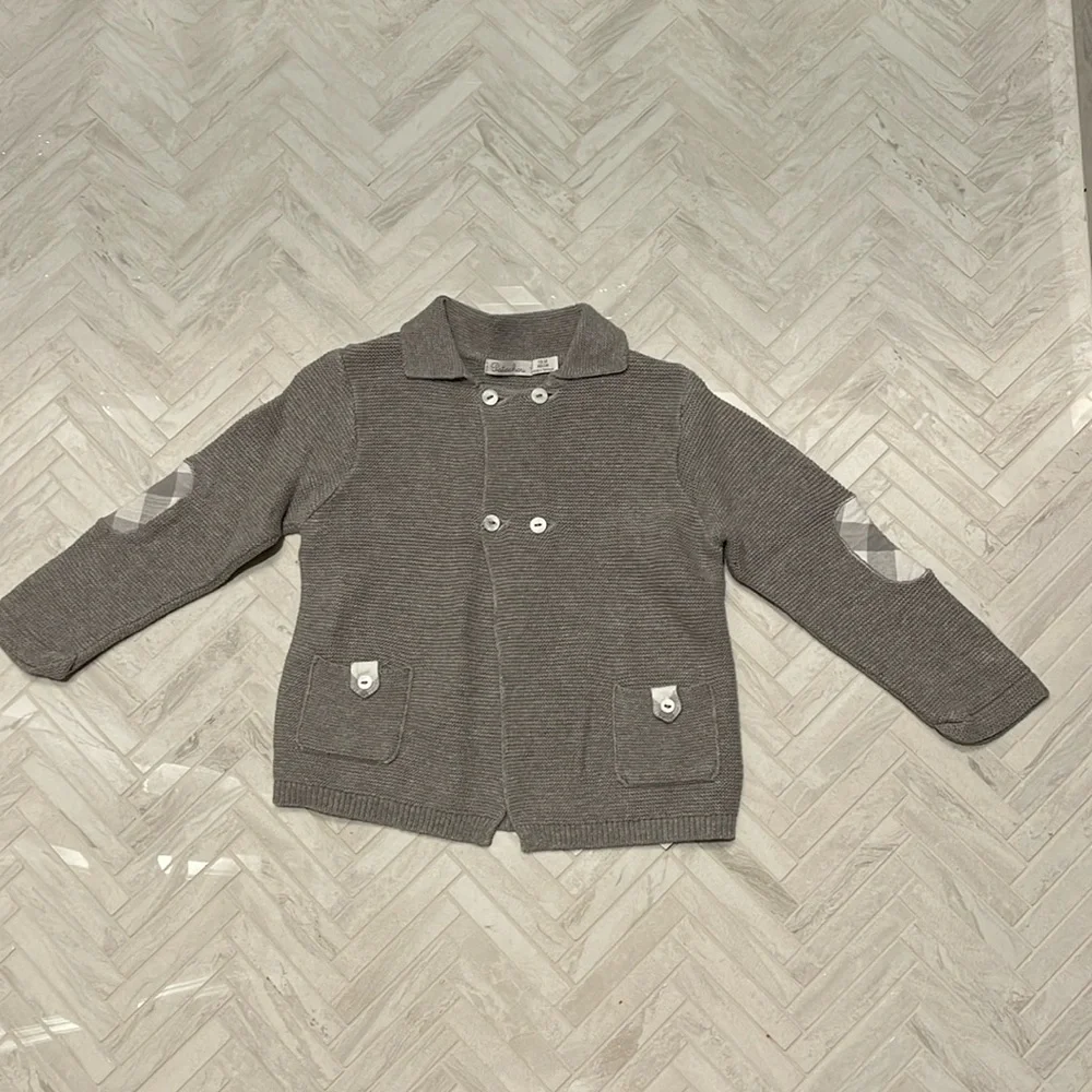 Patachou Gray Knit double button sweater with plaid detailing, 18mo